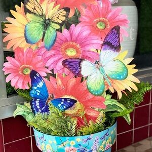 Colorful Butterfly and Flower Metal Outdoor Stake